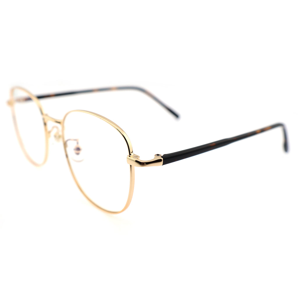 Thin Gold Metal Round Eyeglasses with Two-Tone Tortoise Blue Temples
