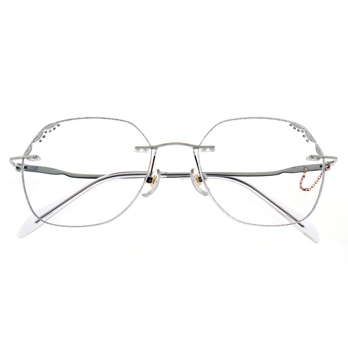 Silver Rimless Eyeglasses with Rhinestone Corner & Chain Detail
