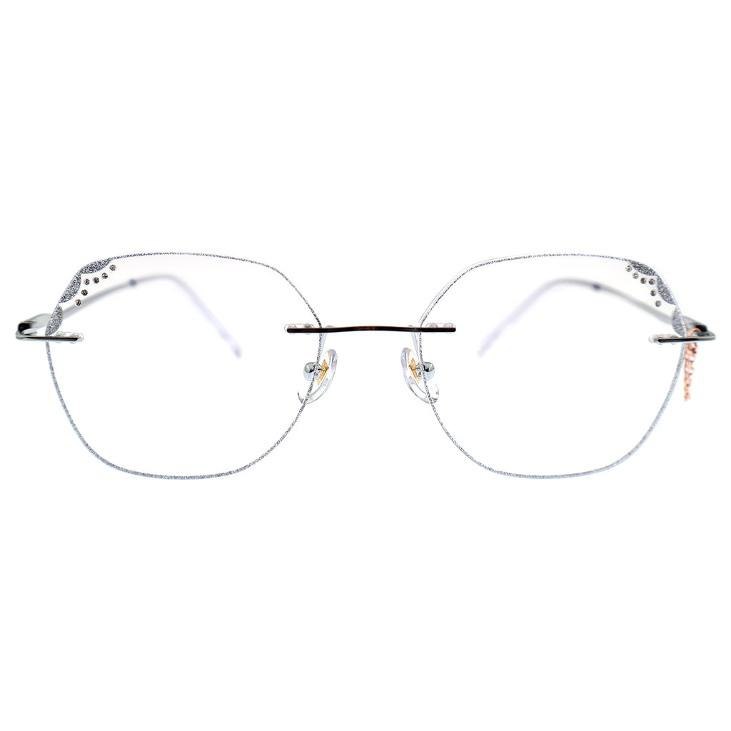 Silver Rimless Eyeglasses with Rhinestone Corner & Chain Detail