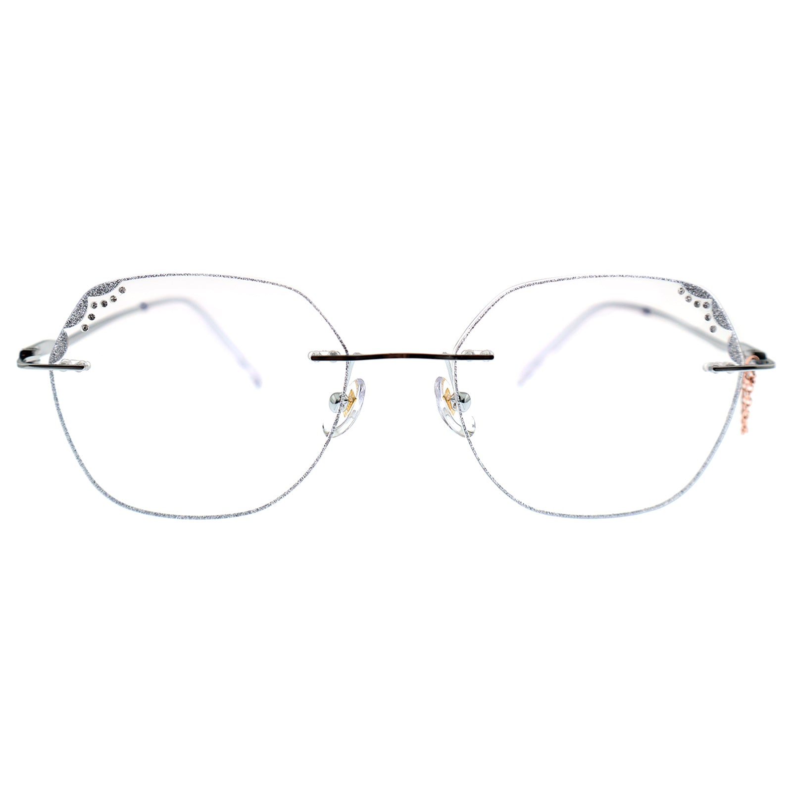 Silver Rimless Eyeglasses with Rhinestone Corner & Chain Detail