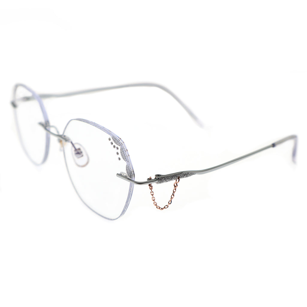 Silver Rimless Eyeglasses with Rhinestone Corner & Chain Detail