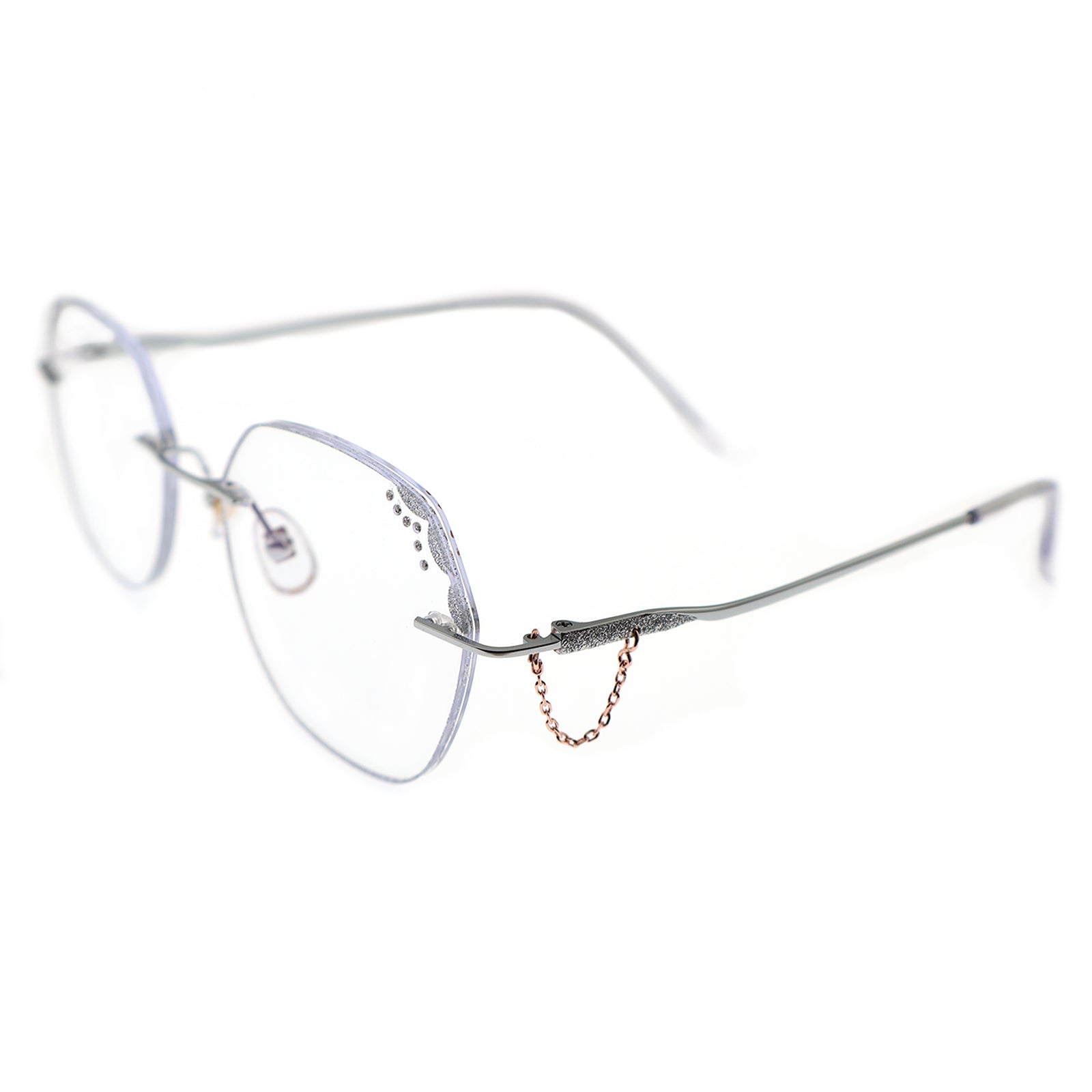 Silver Rimless Eyeglasses with Rhinestone Corner & Chain Detail