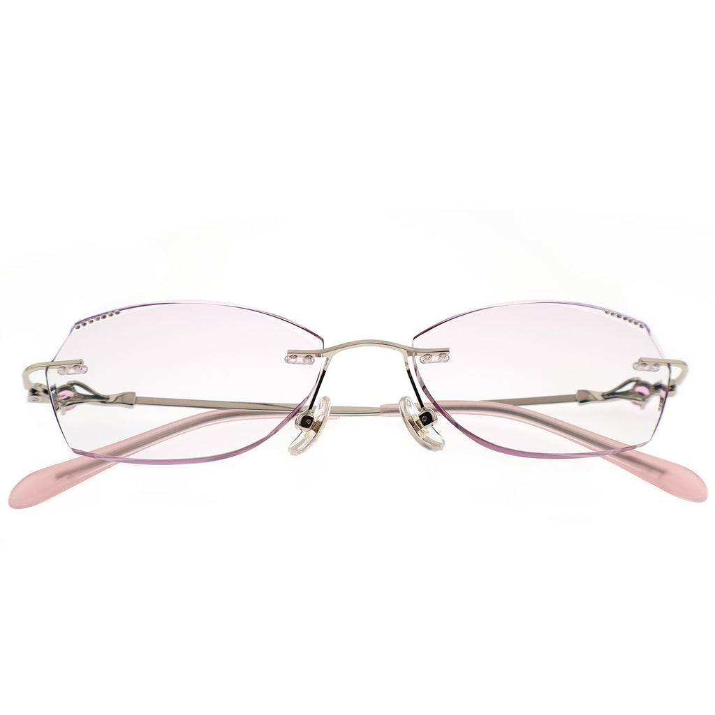 Elegant Diamond-Cut Rimless Optical Glasses with Pink Temples