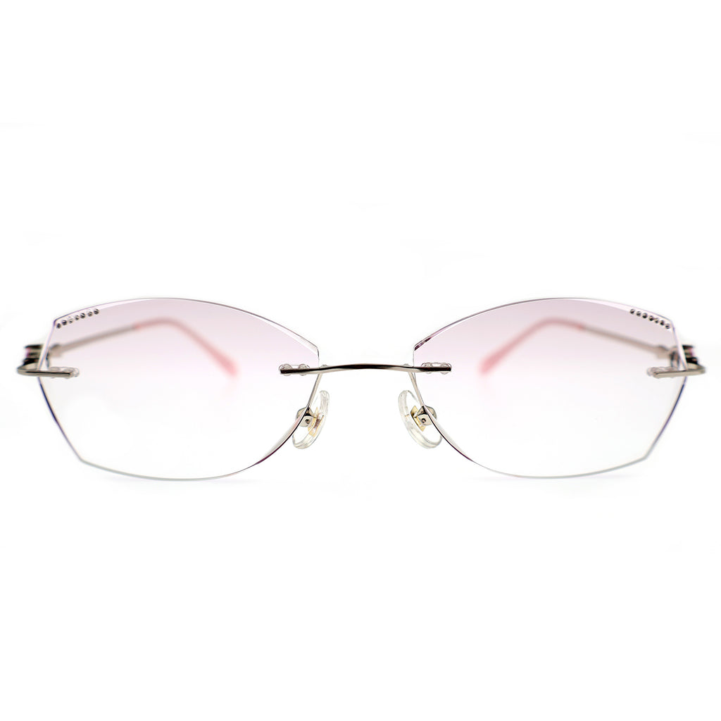Elegant Diamond-Cut Rimless Optical Glasses with Pink Temples