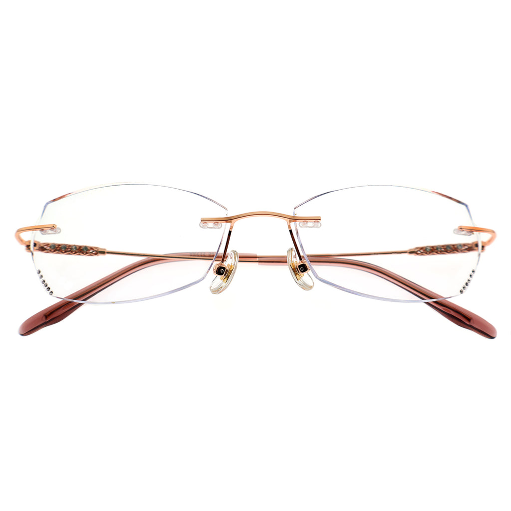 Rose Gold Rimless Eyeglasses with Braided Temple & Rhinestone Detail