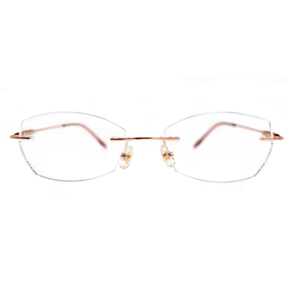 Rose Gold Rimless Eyeglasses with Braided Temple & Rhinestone Detail