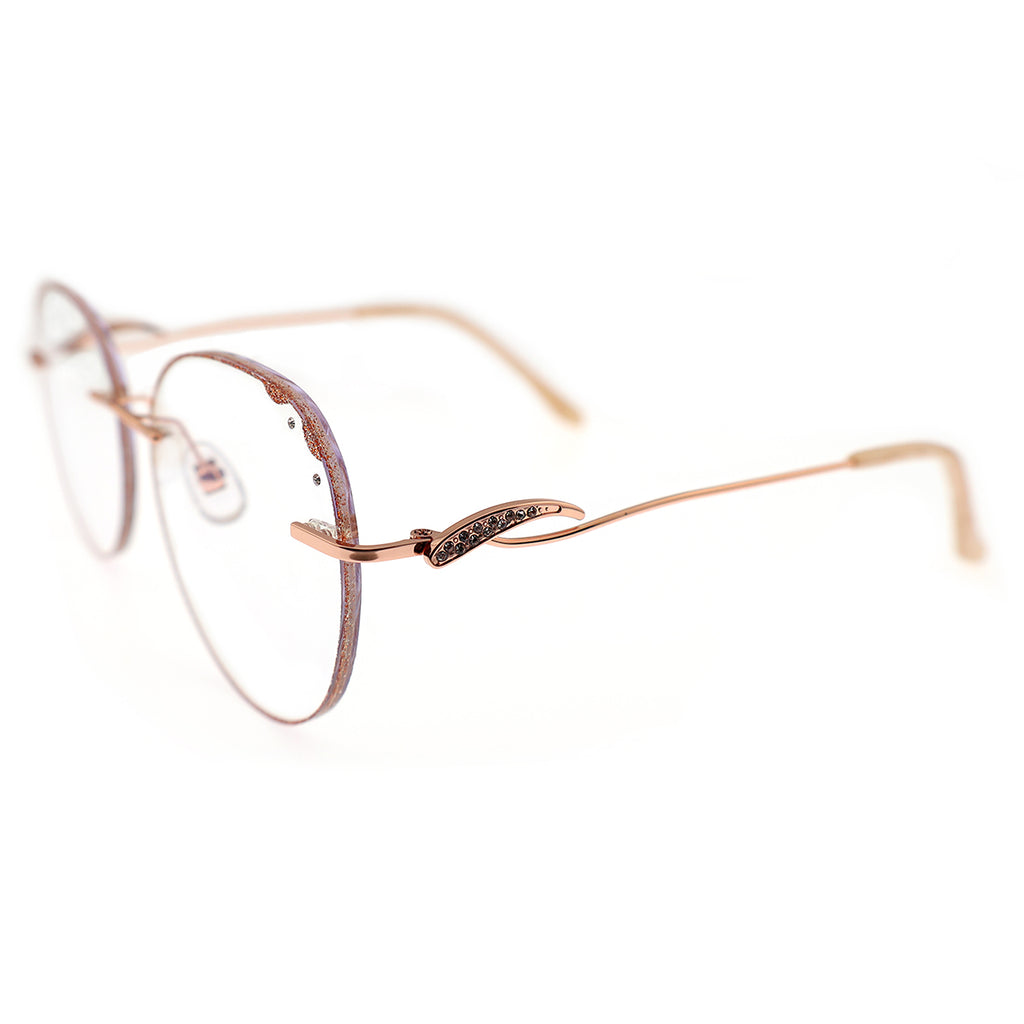 Rose Gold Oval Rimless Eyeglasses with Partial Rhinestone Inlay
