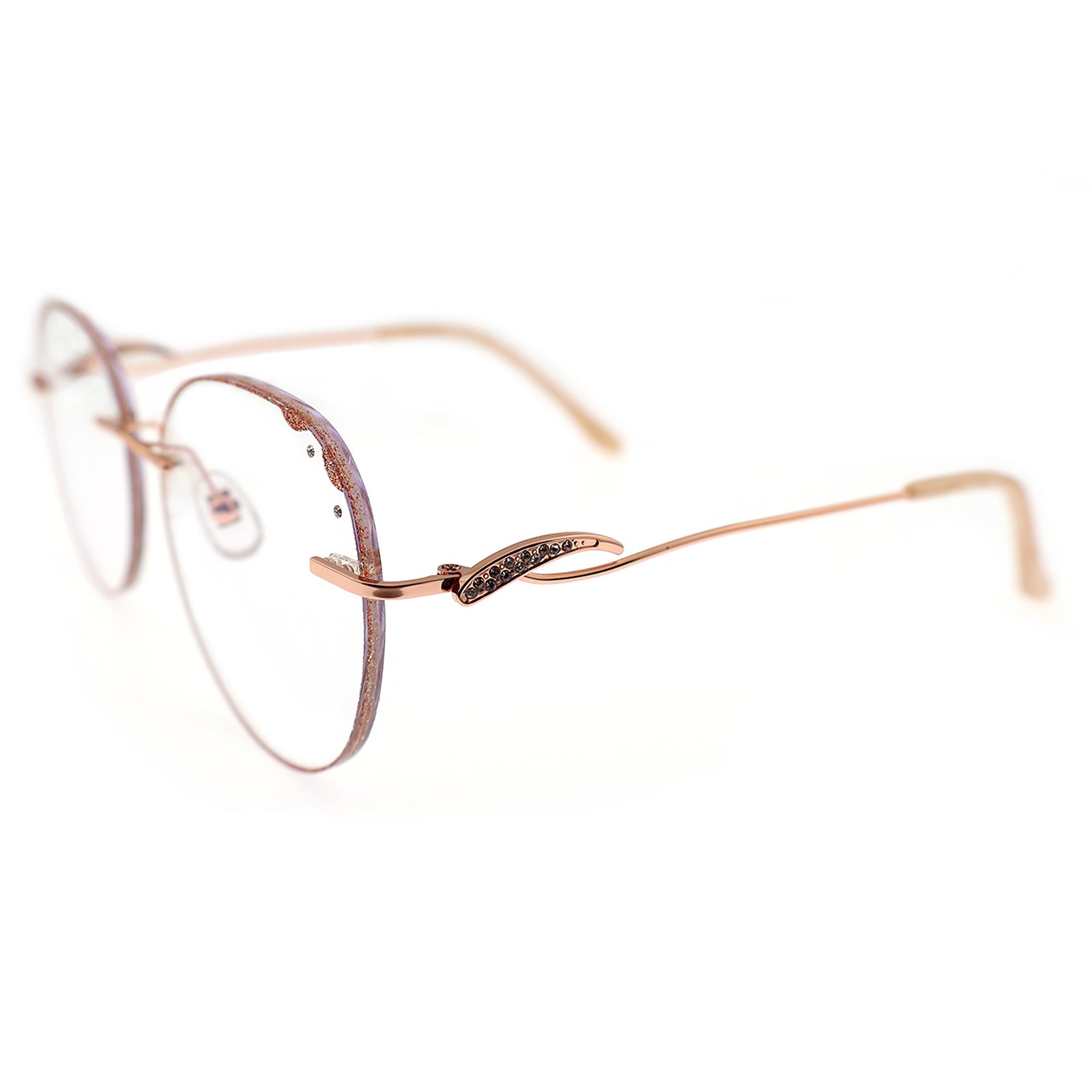 Rose Gold Oval Rimless Eyeglasses with Partial Rhinestone Inlay