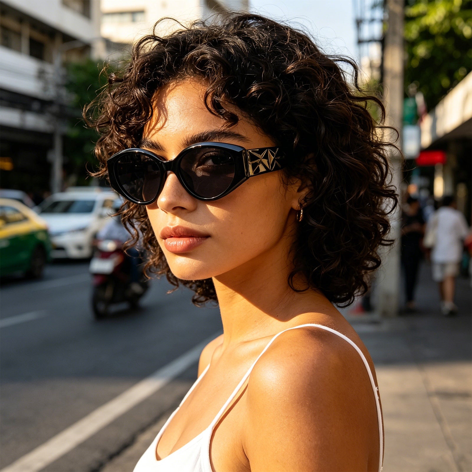 Modern Wide-Temple Cat-Eye Sunglasses, Anti-Glare