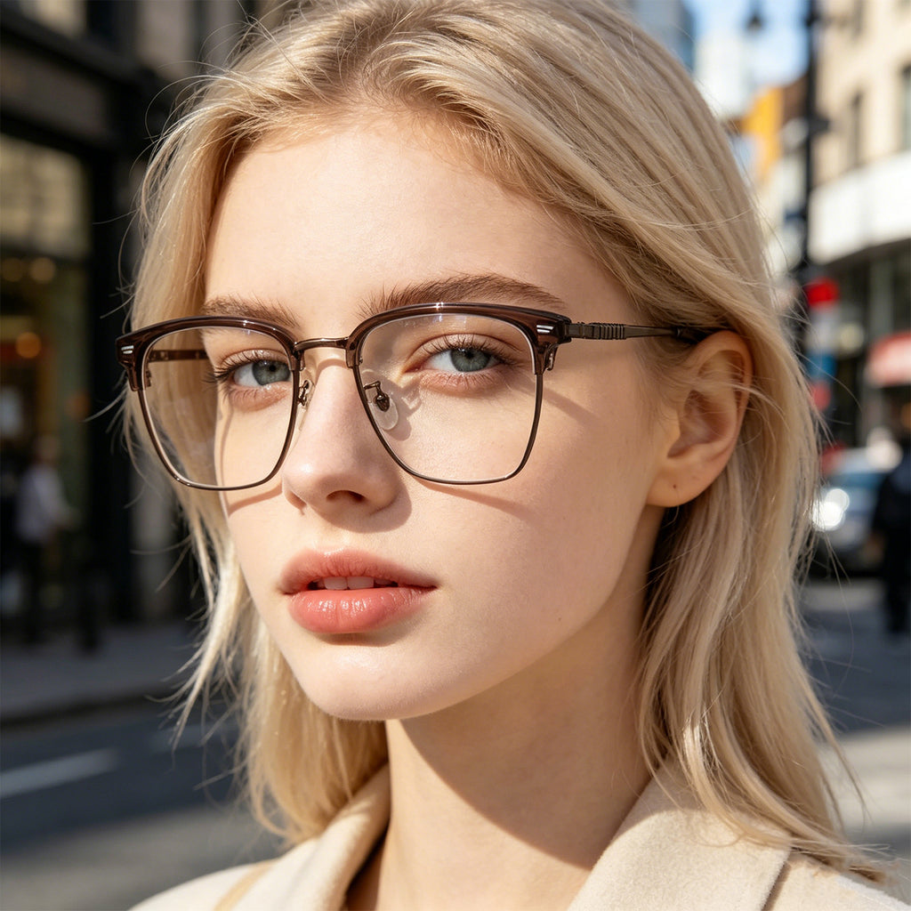 Transparent Brown Browline Square Eyeglass Frame for Men