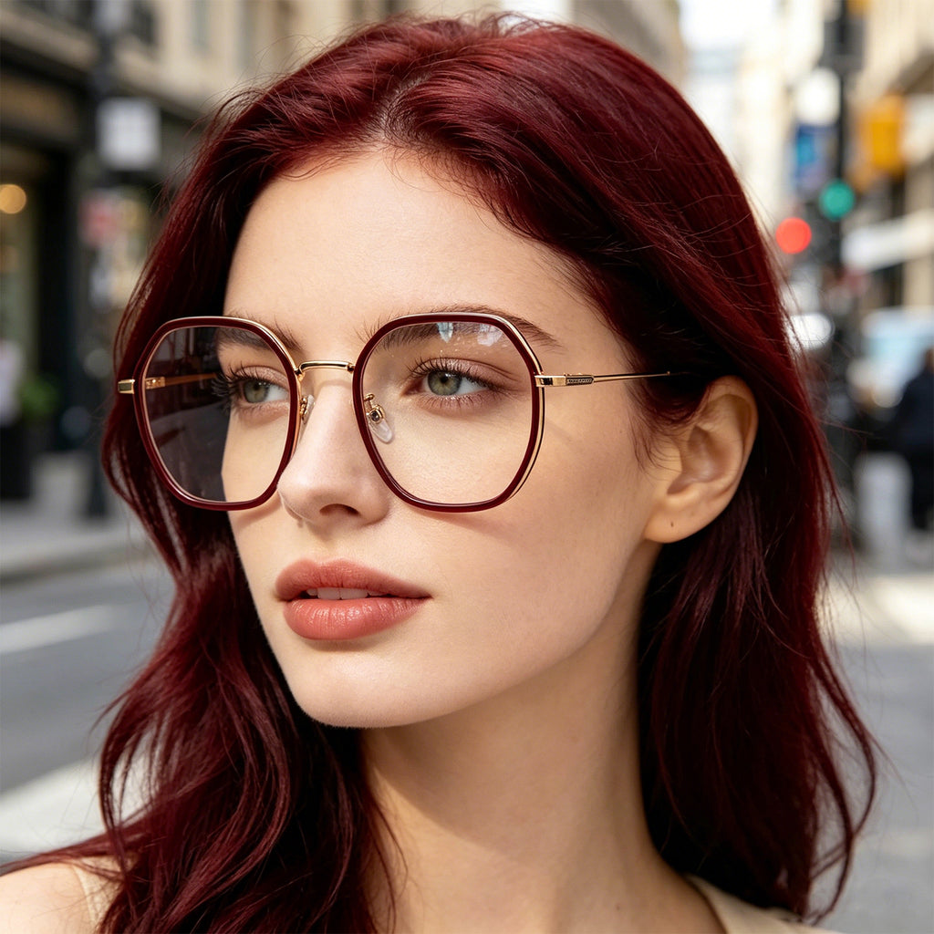 Burgundy Two-Tone Polygon Eyeglasses with Gold Metal Temples