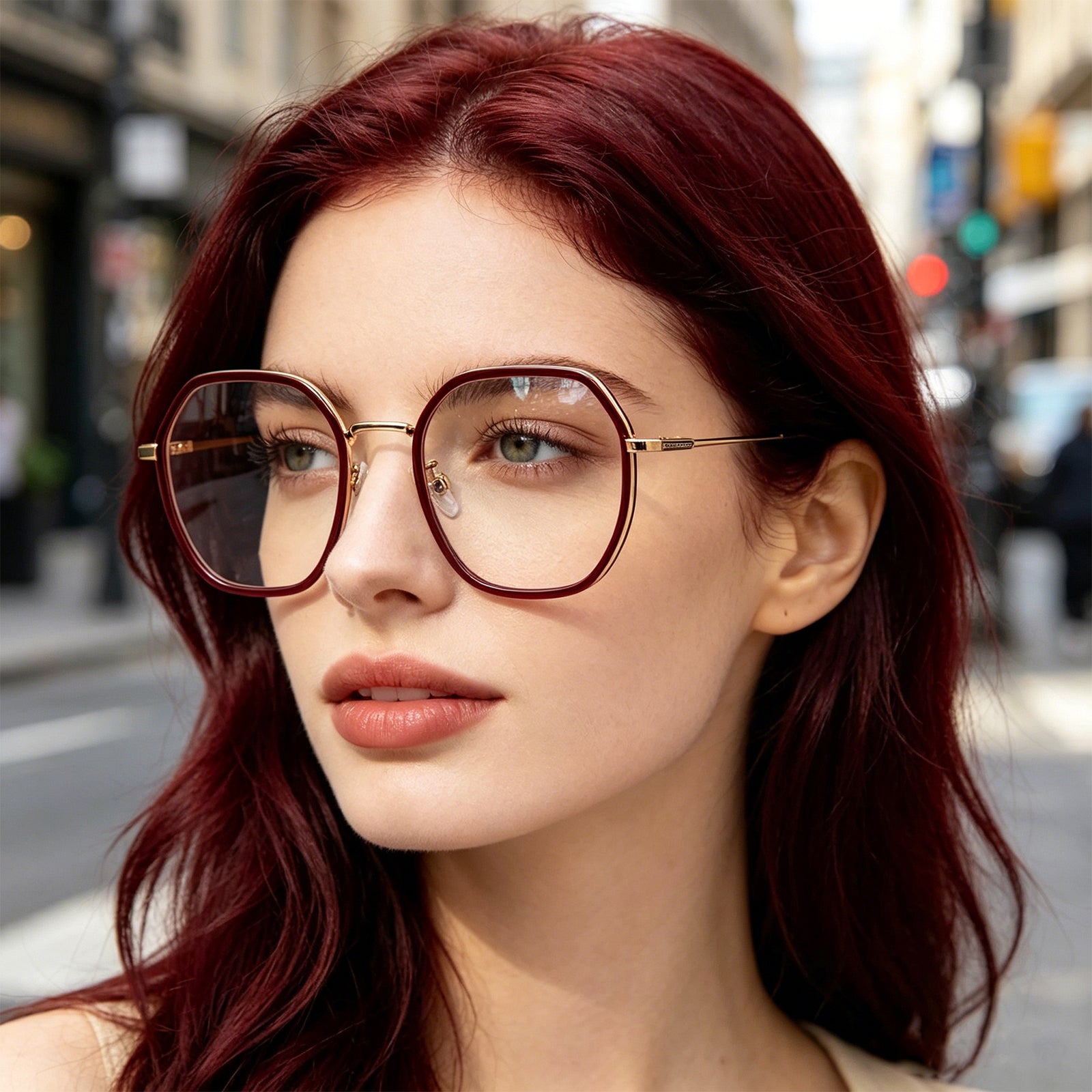 Burgundy Two-Tone Polygon Eyeglasses with Gold Metal Temples