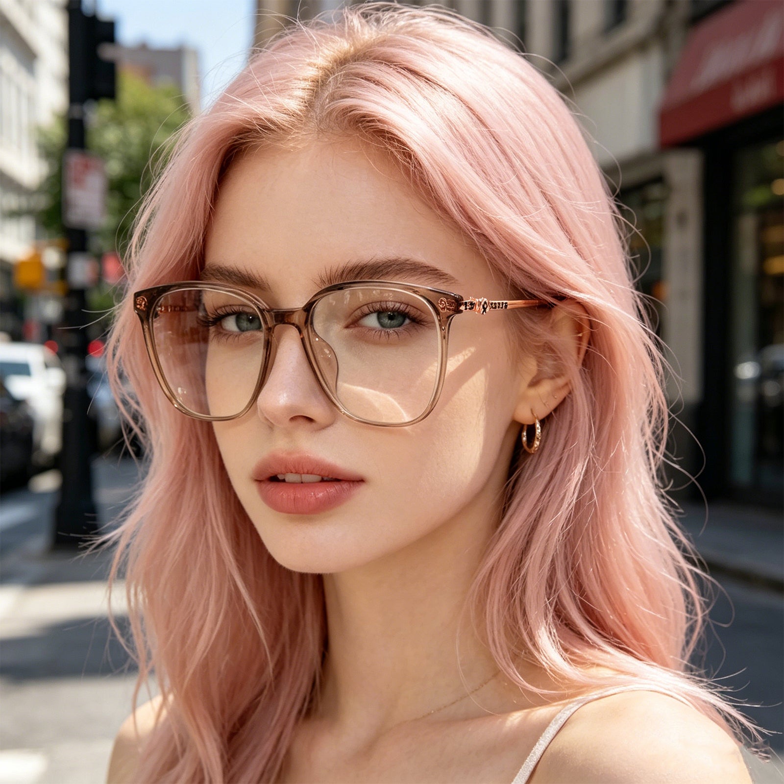 Transparent Light Brown Square Eyeglasses with Embossed Temple Detail