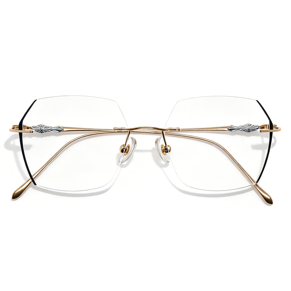 Luxe Rimless Geometric Glasses, Gold Metal with Artistic Engravings