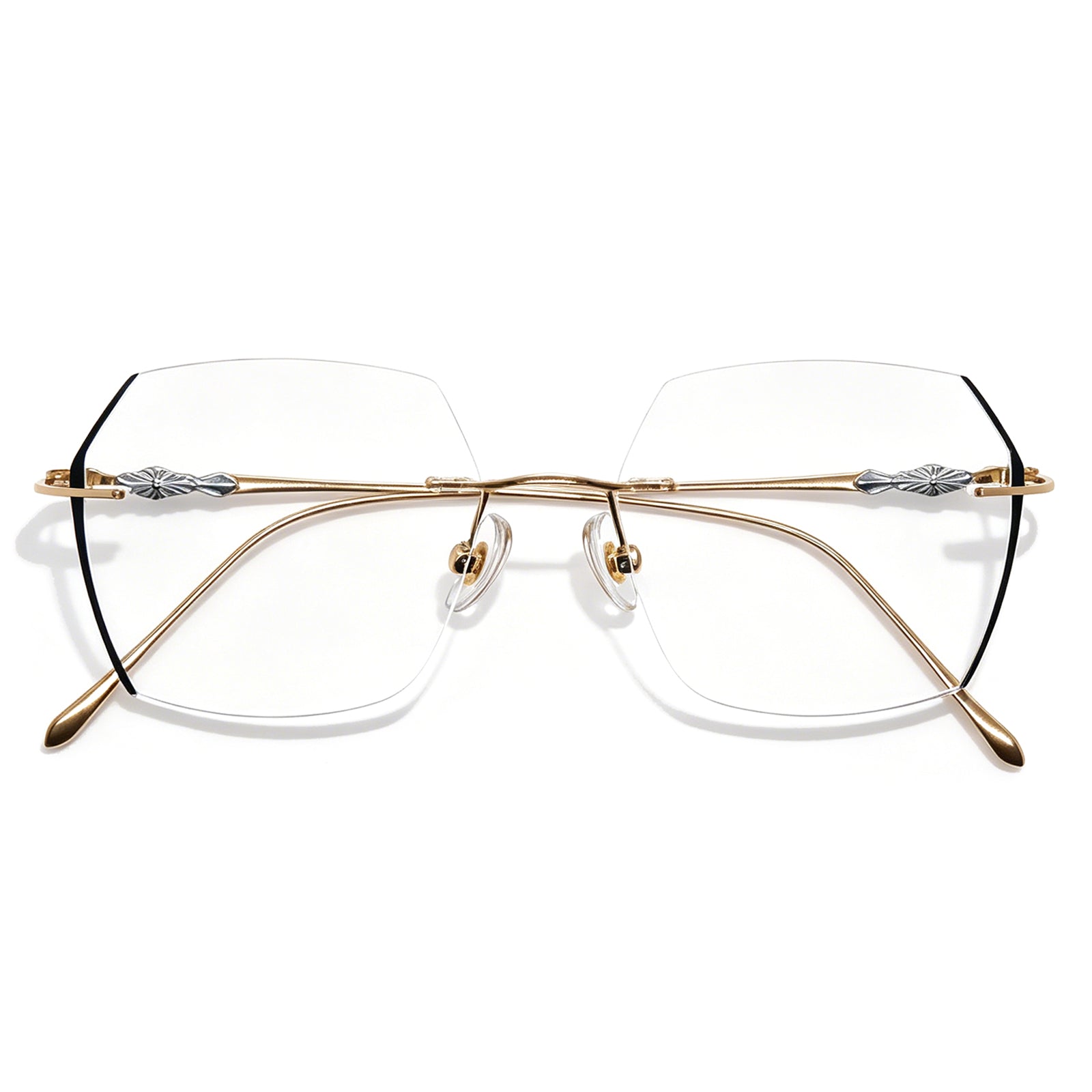 Luxe Rimless Geometric Glasses, Gold Metal with Artistic Engravings