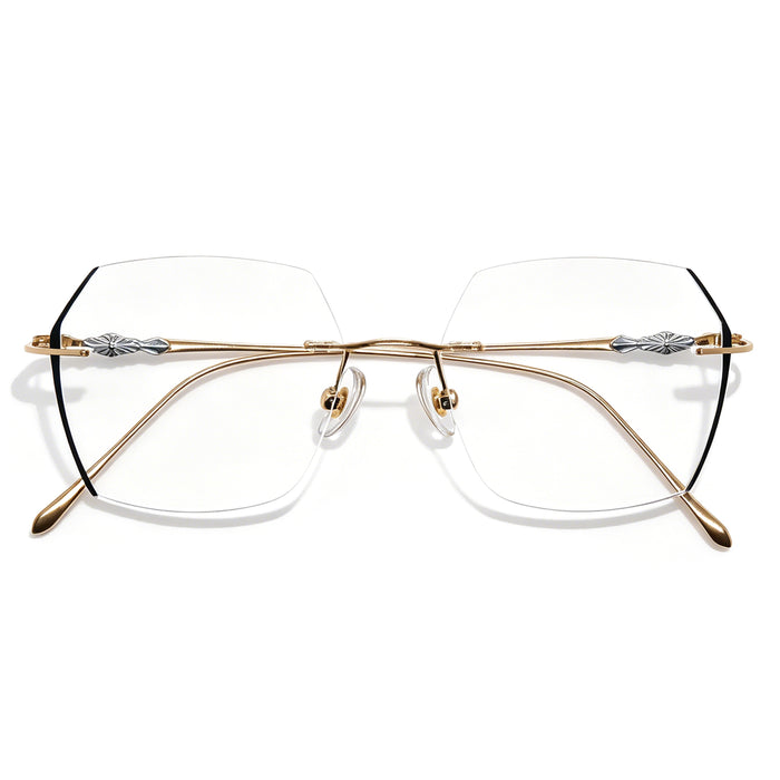 Luxe Rimless Geometric Glasses, Gold Metal with Artistic Engravings
