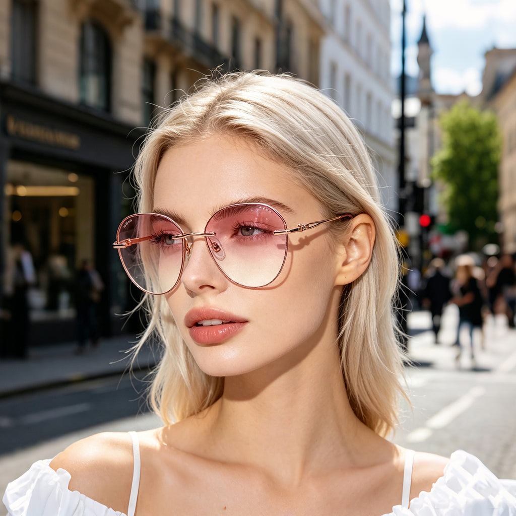 Women Round Rhinestone Cut Rimless Rose Gold Metal Eyeglasses, Free Shipping on Orders Over $79