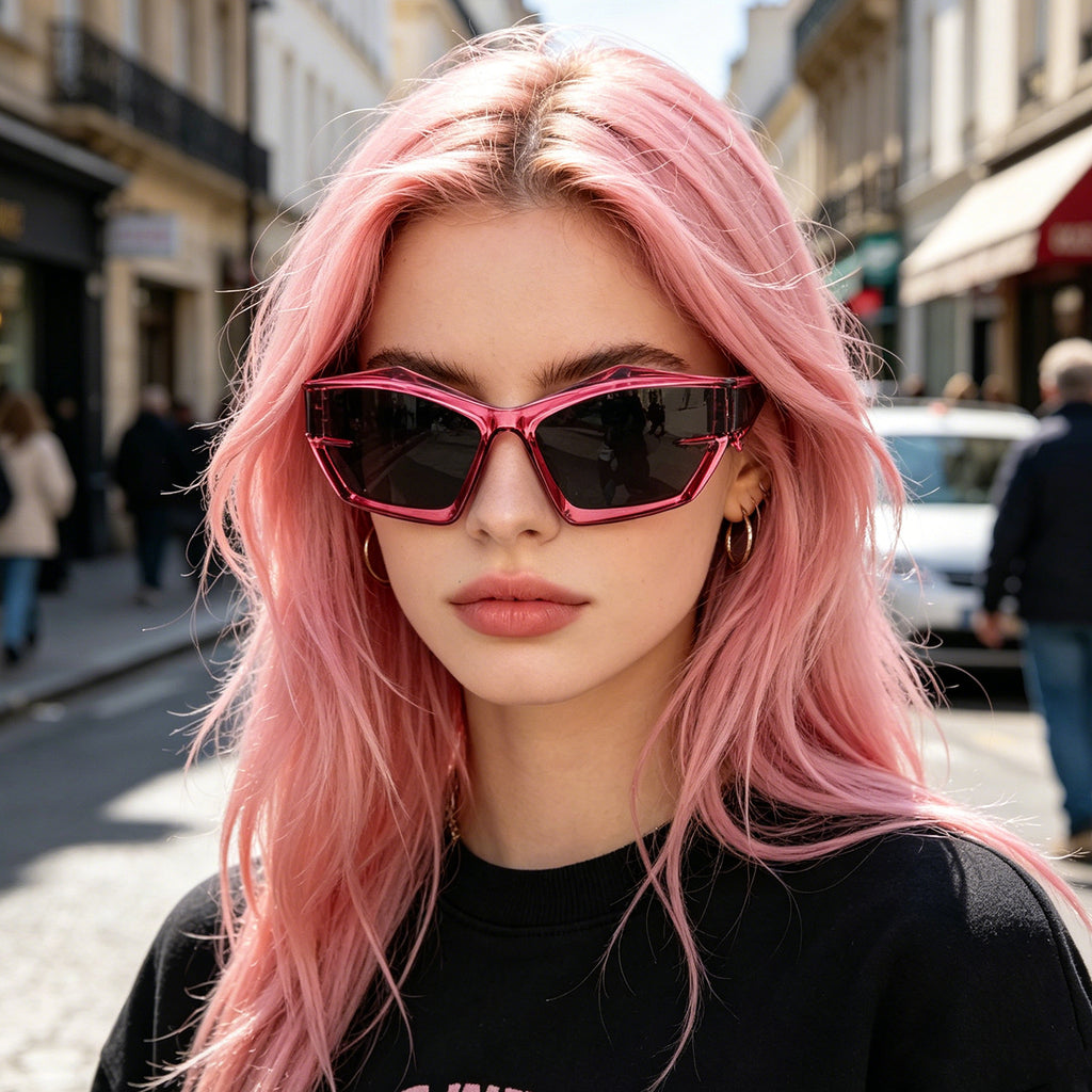 Futuristic Cat-Eye Black Sunglasses with Geometric Frame