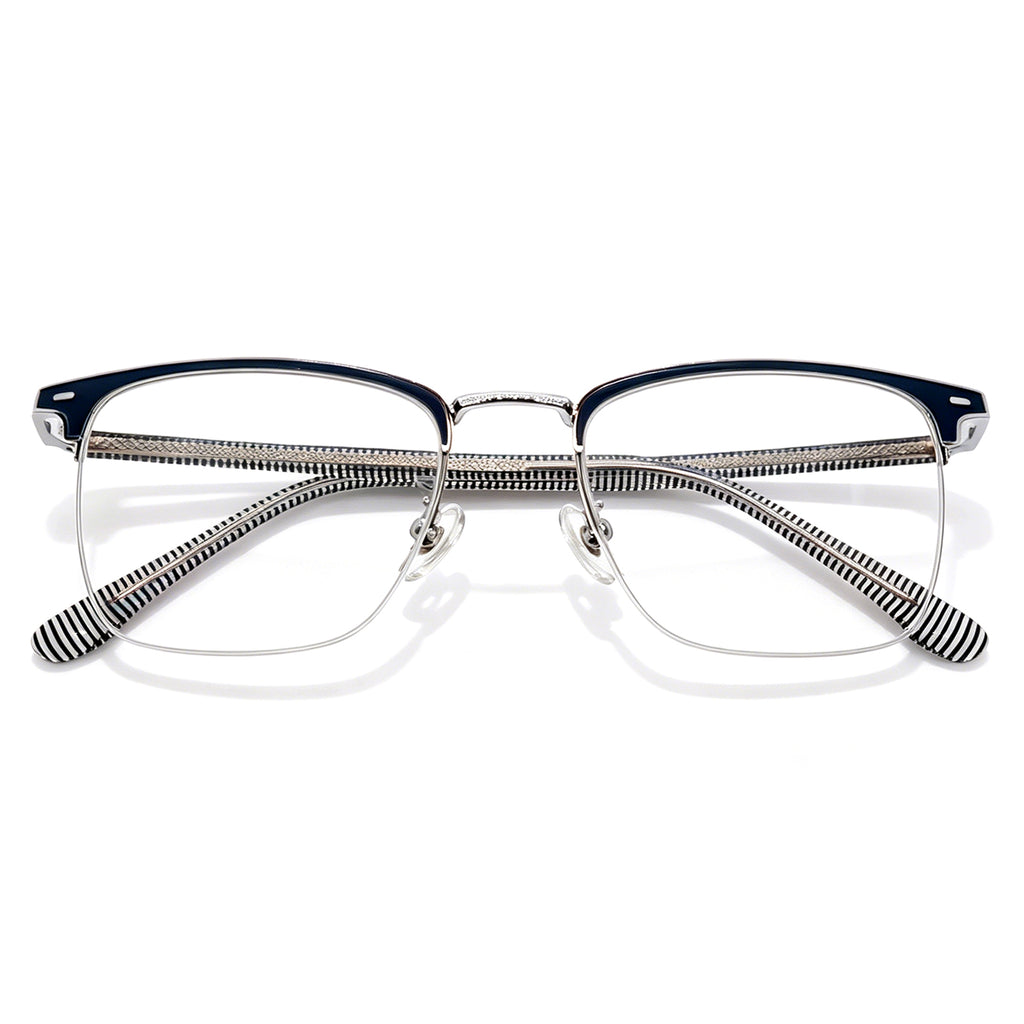 Preppy Style Browline Eyeglasses, Black & Gold with Striped Temples