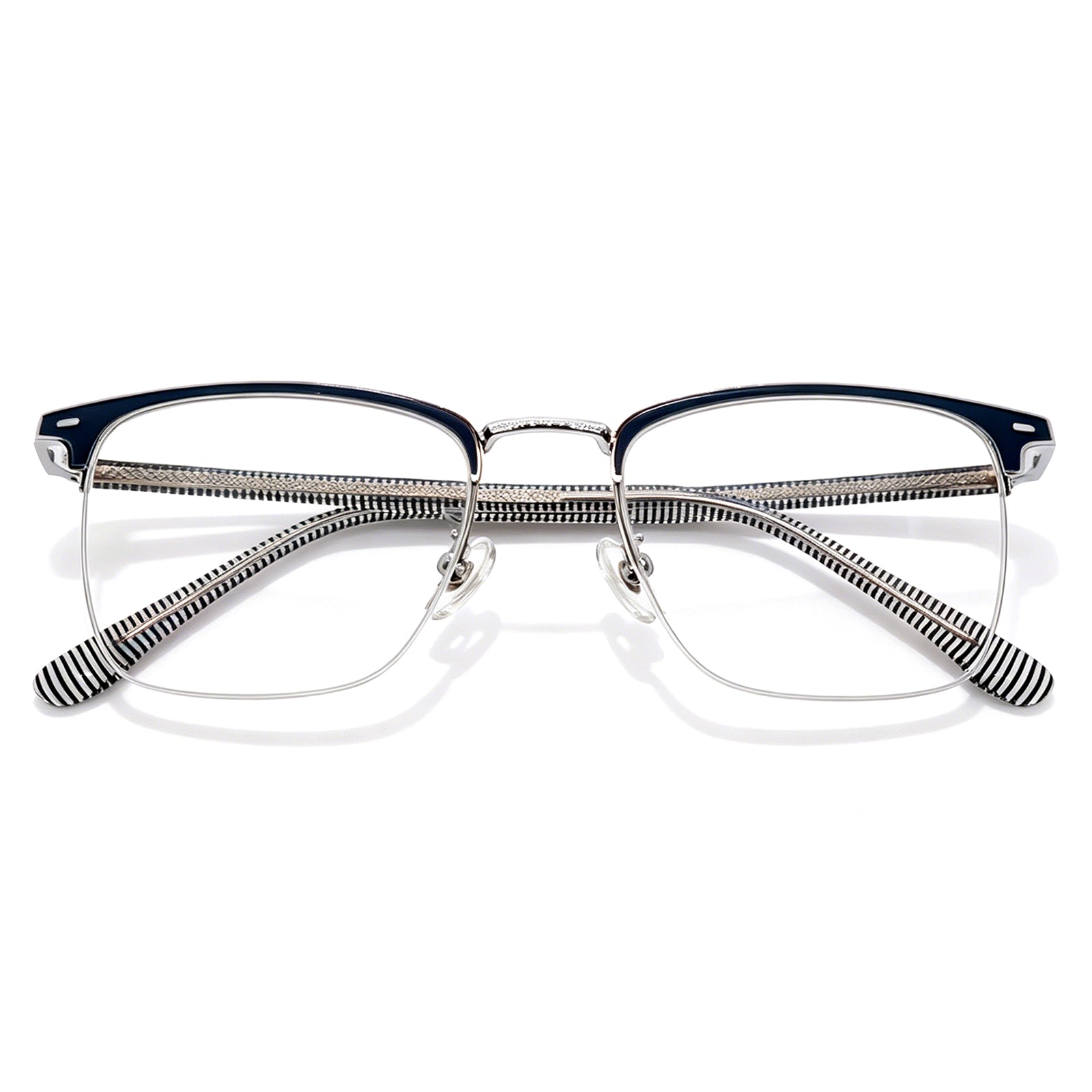 Preppy Style Browline Eyeglasses, Black & Gold with Striped Temples