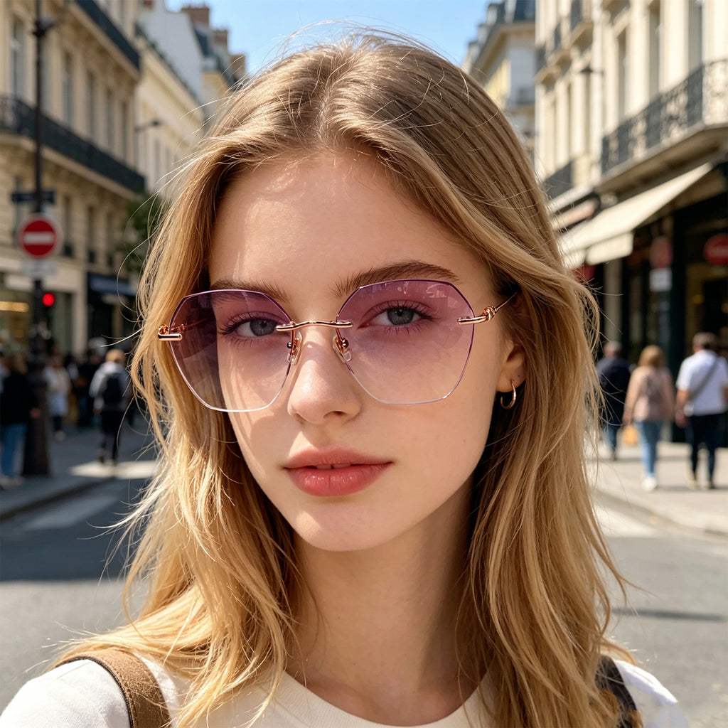 Women Polygonal Cut Rimless Rose Gold Metal Eyeglasses, Free Shipping on Orders Over $79