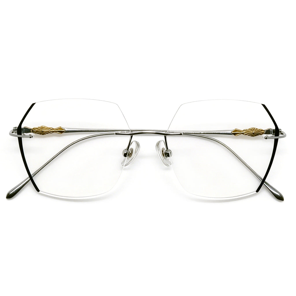 Luxe Rimless Geometric Glasses, Gold Metal with Artistic Engravings