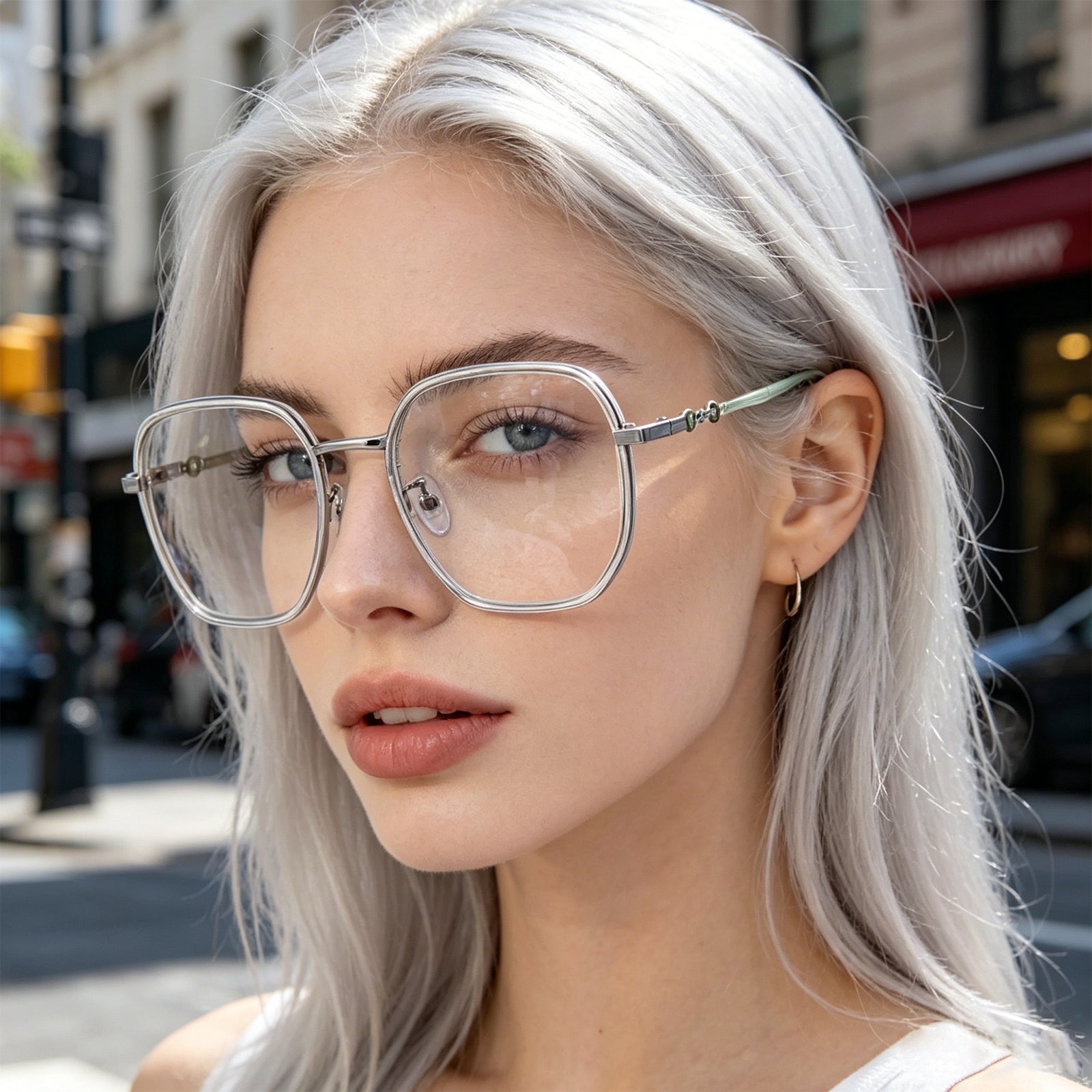 Transparent Clear Square Eyeglasses with Hollow Chain Metal Temples