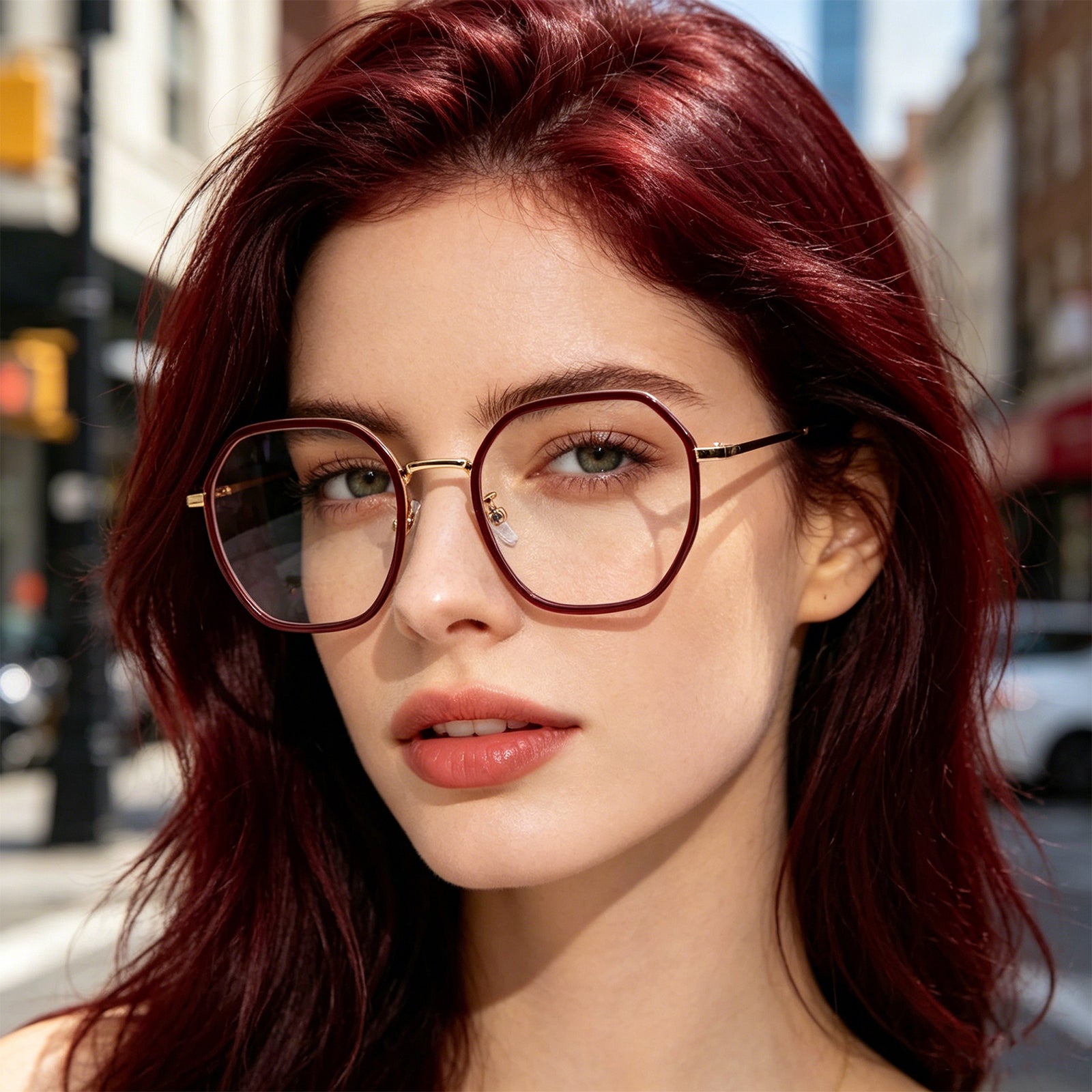 Burgundy Two-Tone Polygon Eyeglasses with Gold Metal Temples