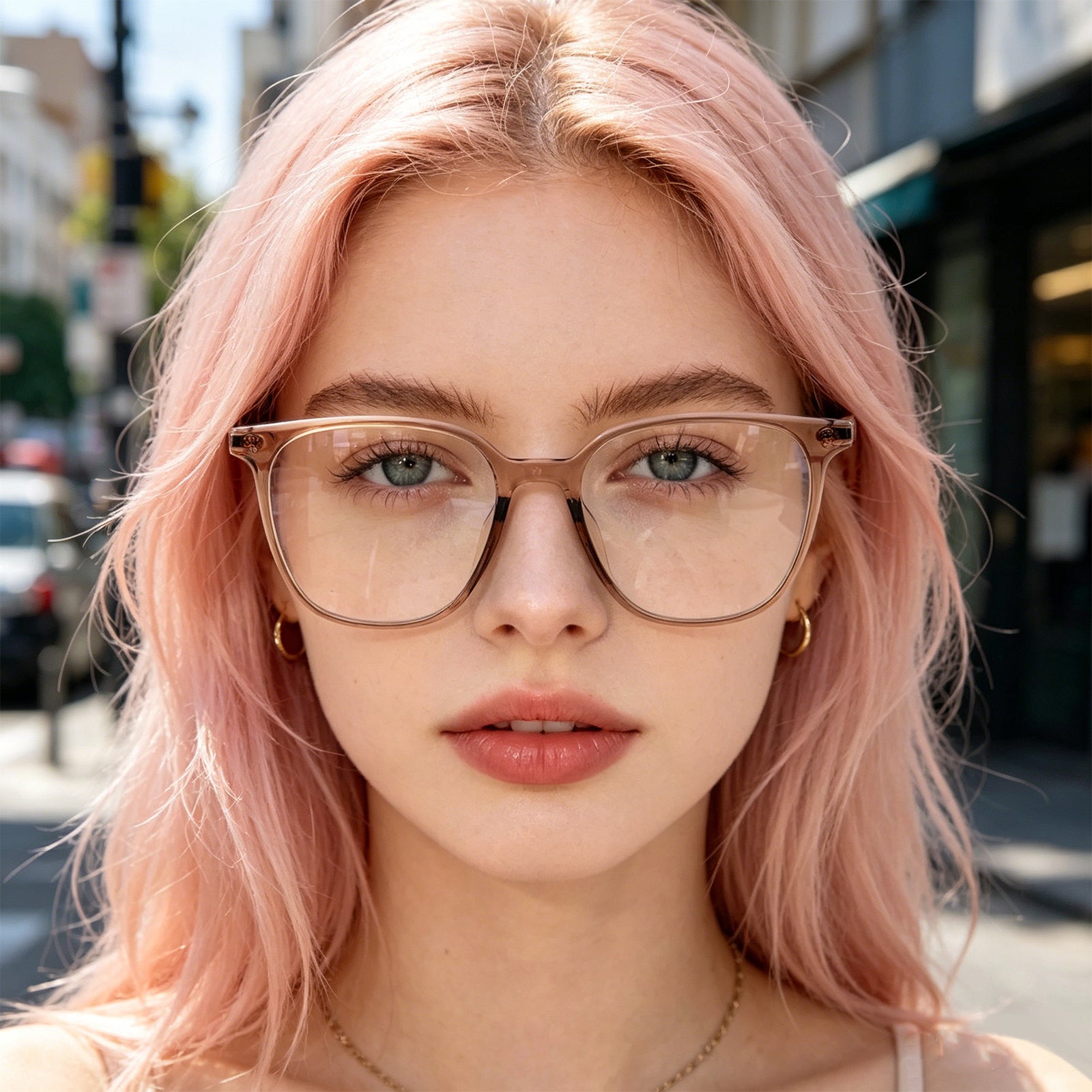 Transparent Light Brown Square Eyeglasses with Embossed Temple Detail