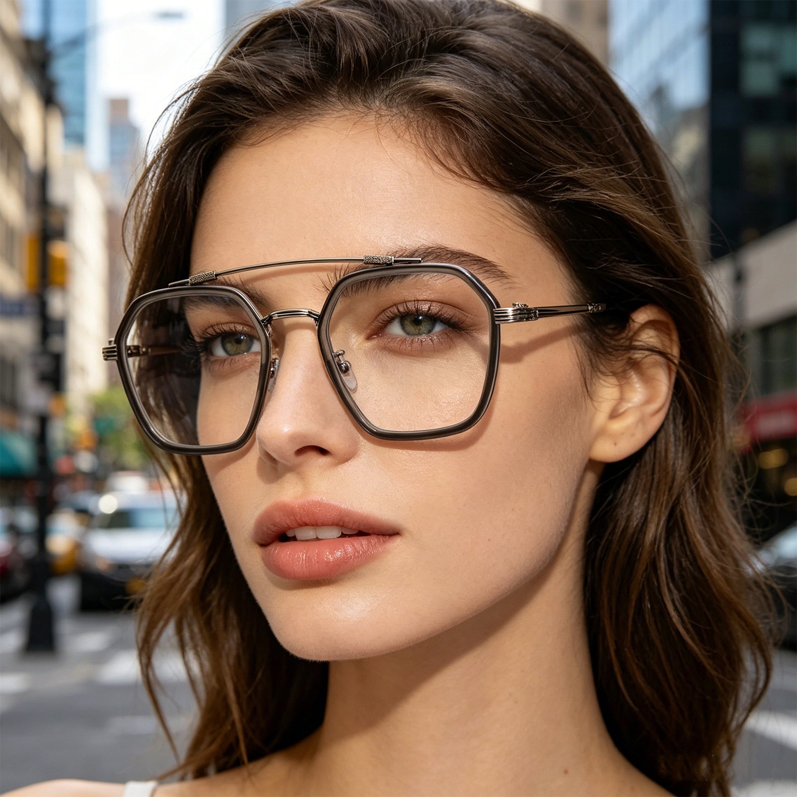 Double Bridge Geometric Hexagonal Metal Eyeglass Frame for Men