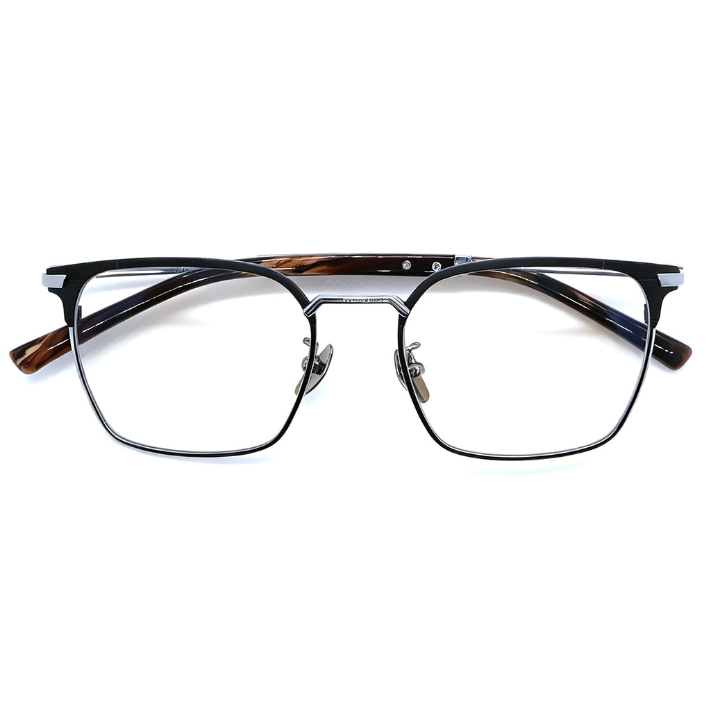 Men's Retro Browline Eyeglasses, Matte Black Metal Frame with Tortoise Temples, Anti Blue Light