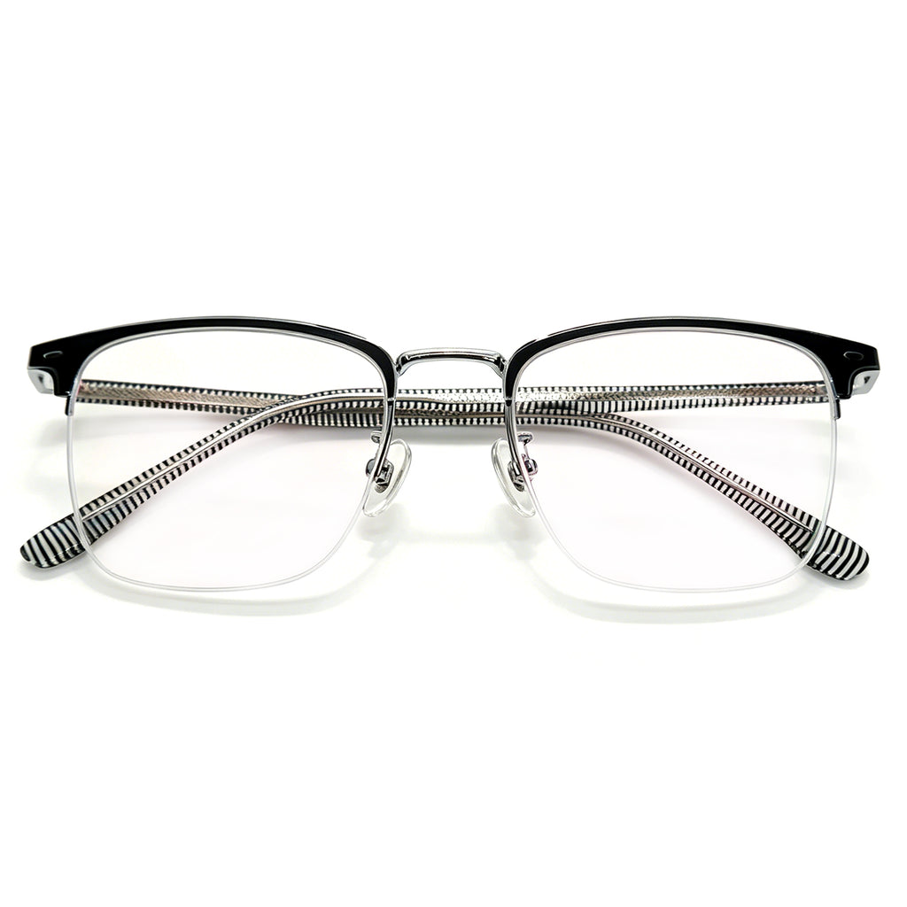 Preppy Style Browline Eyeglasses, Black & Gold with Striped Temples