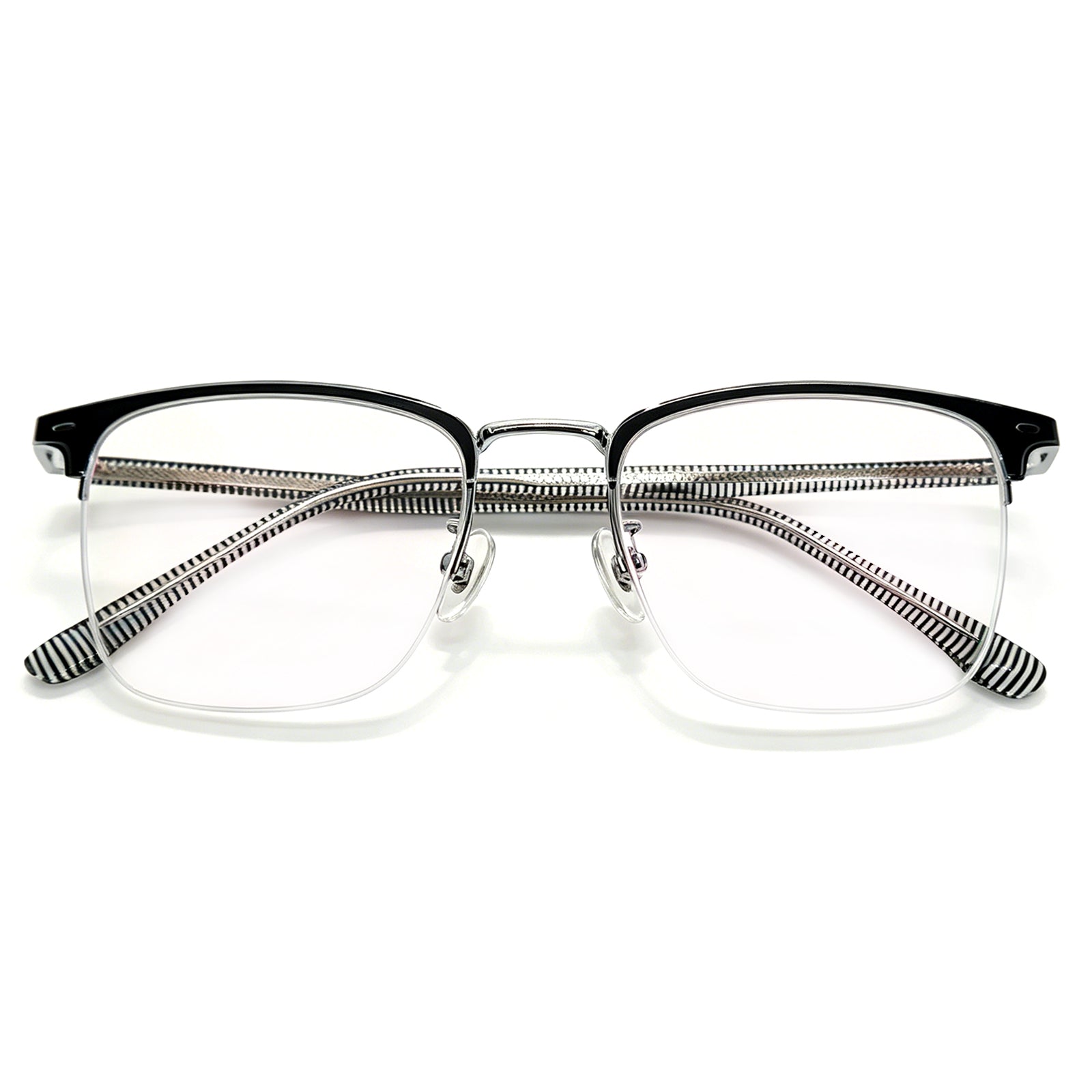 Preppy Style Browline Eyeglasses, Black & Gold with Striped Temples