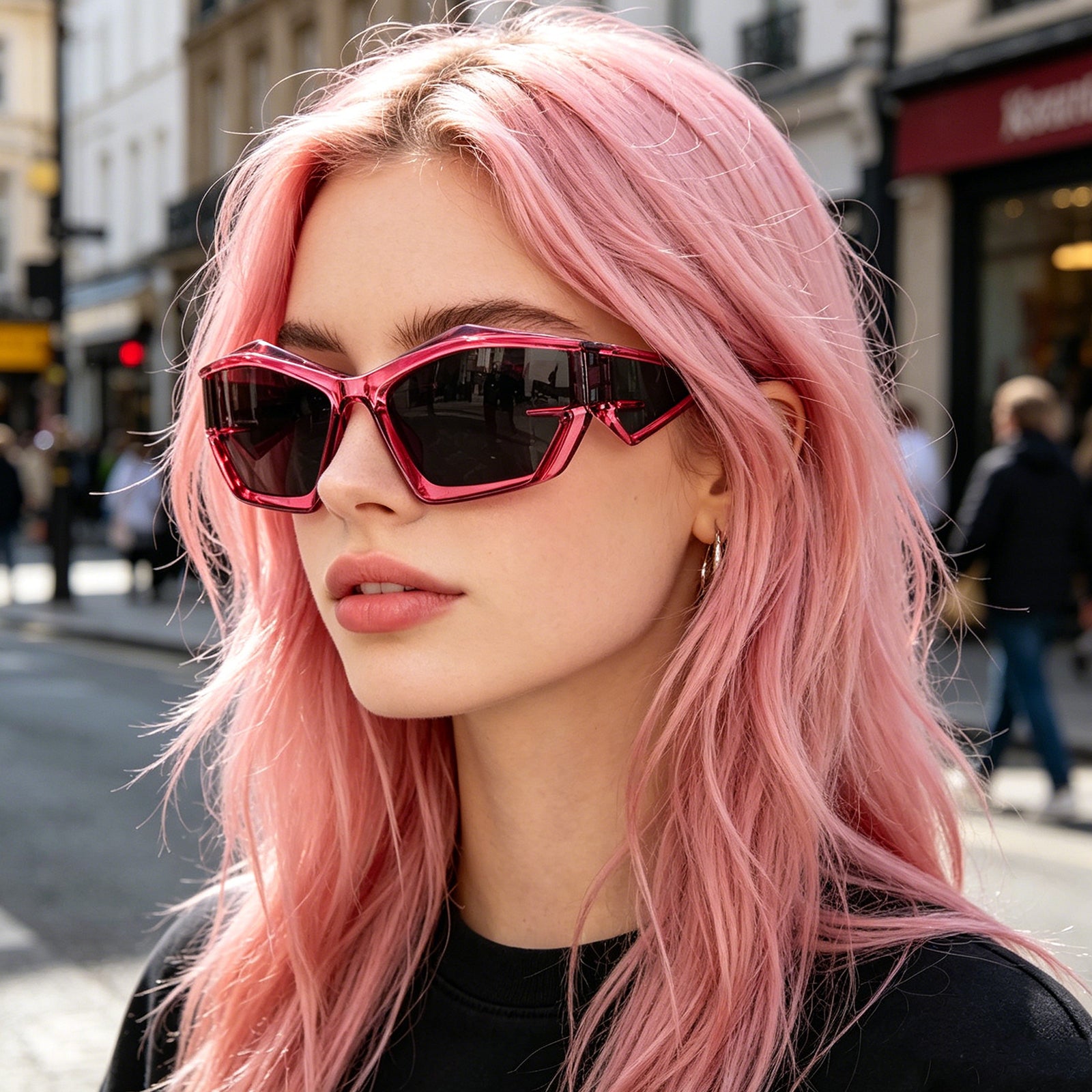 Futuristic Cat-Eye Black Sunglasses with Geometric Frame