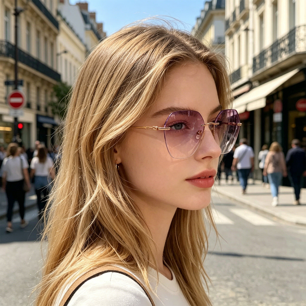 Women Polygonal Cut Rimless Rose Gold Metal Eyeglasses, Free Shipping on Orders Over $79