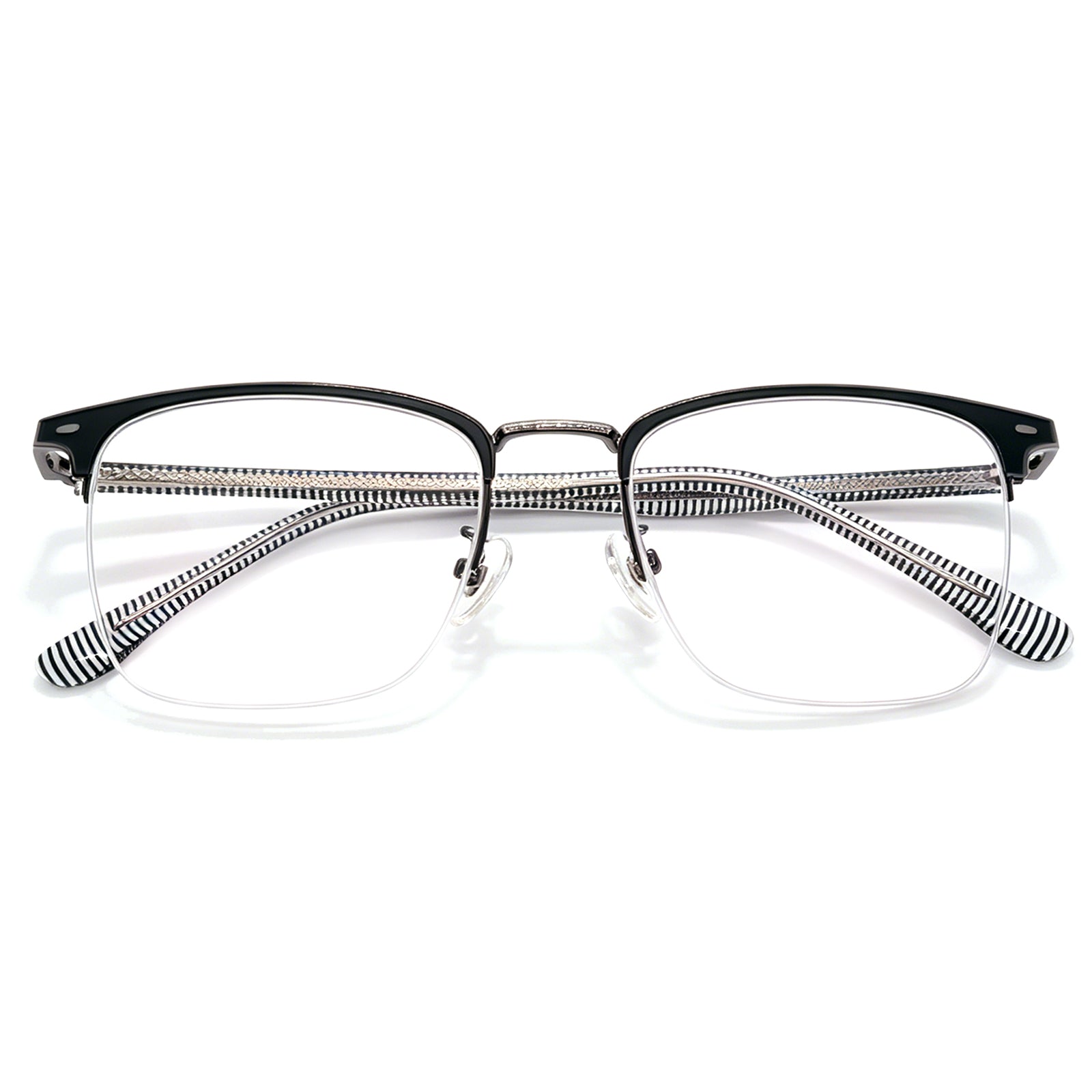 Preppy Style Browline Eyeglasses, Black & Gold with Striped Temples