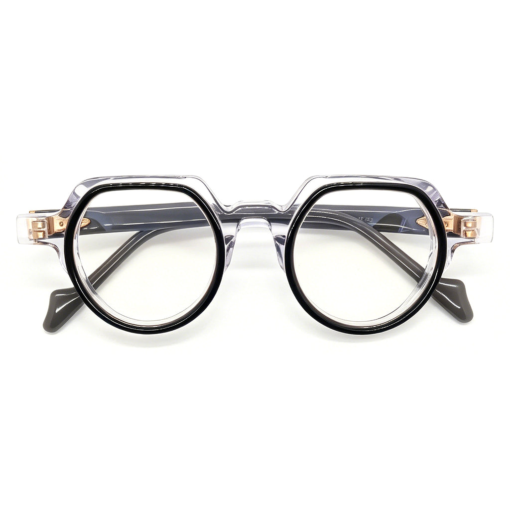 Retro Clear & Black Round Eyeglasses, Two-Tone Acetate Frame, Anti Blue Light