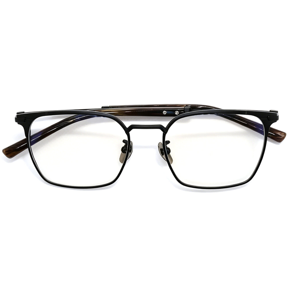 Men's Retro Browline Eyeglasses, Matte Black Metal Frame with Tortoise Temples, Anti Blue Light