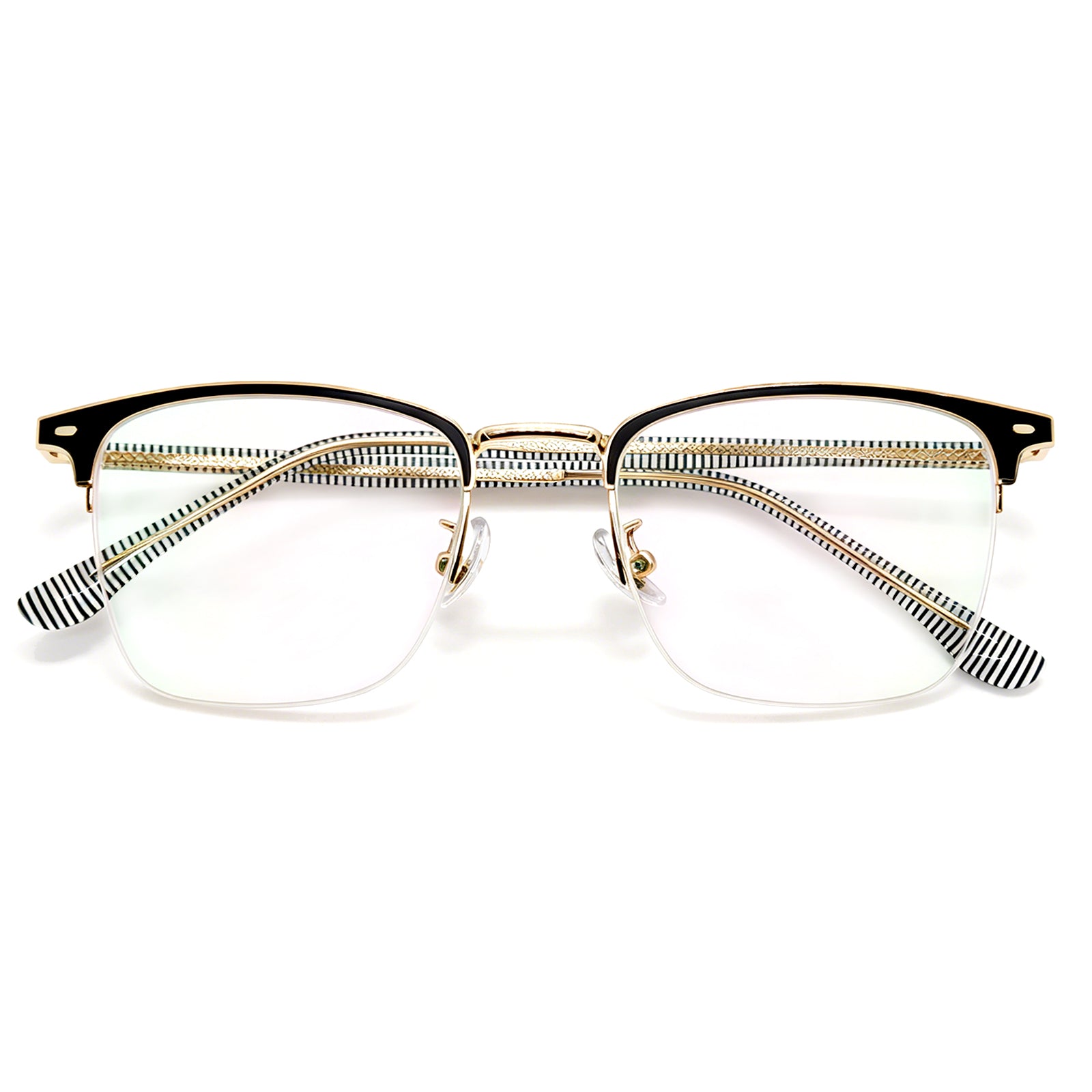 Preppy Style Browline Eyeglasses, Black & Gold with Striped Temples