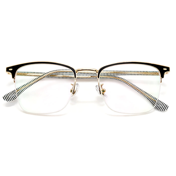Preppy Style Browline Eyeglasses, Black & Gold with Striped Temples