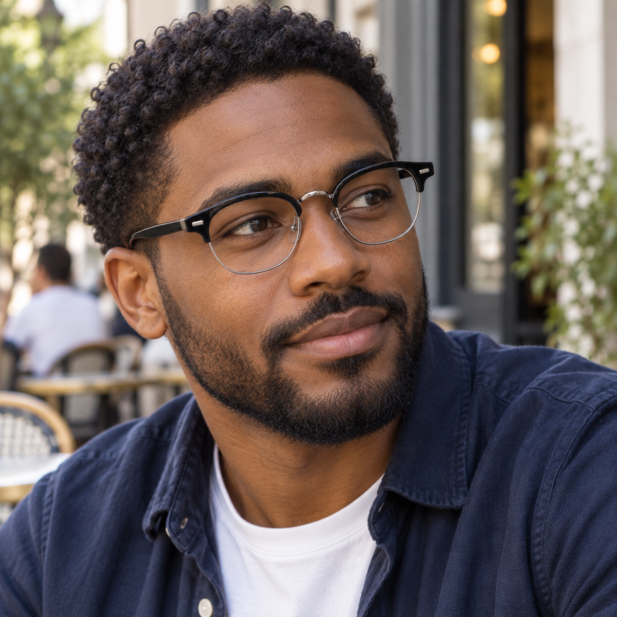 Unisex Browline Half-Rim Black Acetate & Metal Spliced Eyeglasses, Free Shipping on Orders Over $69