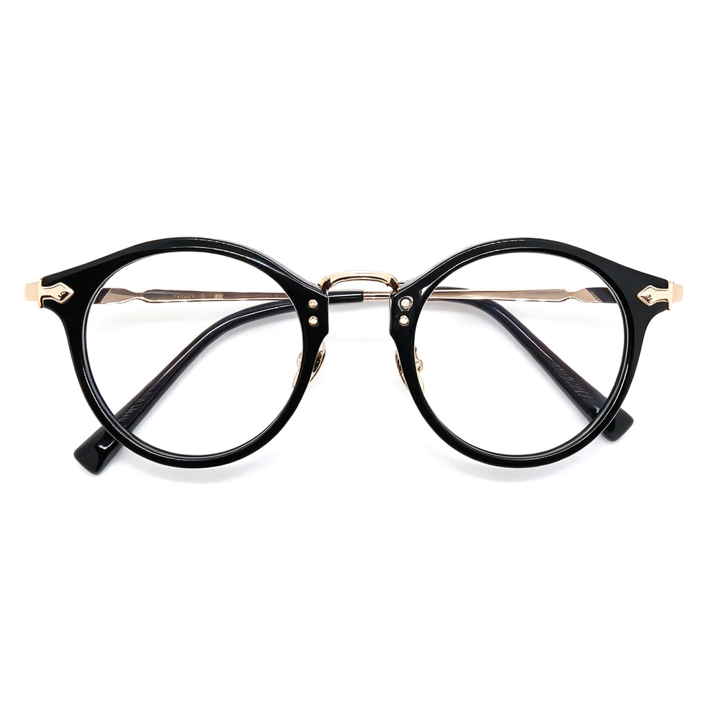 Retro Black Round Eyeglasses with Gold Metal Accents, Acetate & Metal Frame