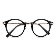 Retro Black Round Eyeglasses with Gold Metal Accents, Acetate & Metal Frame