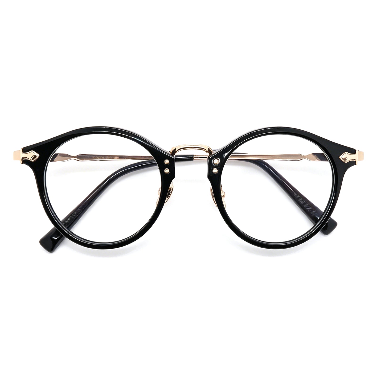 Retro Black Round Eyeglasses with Gold Metal Accents, Acetate & Metal Frame