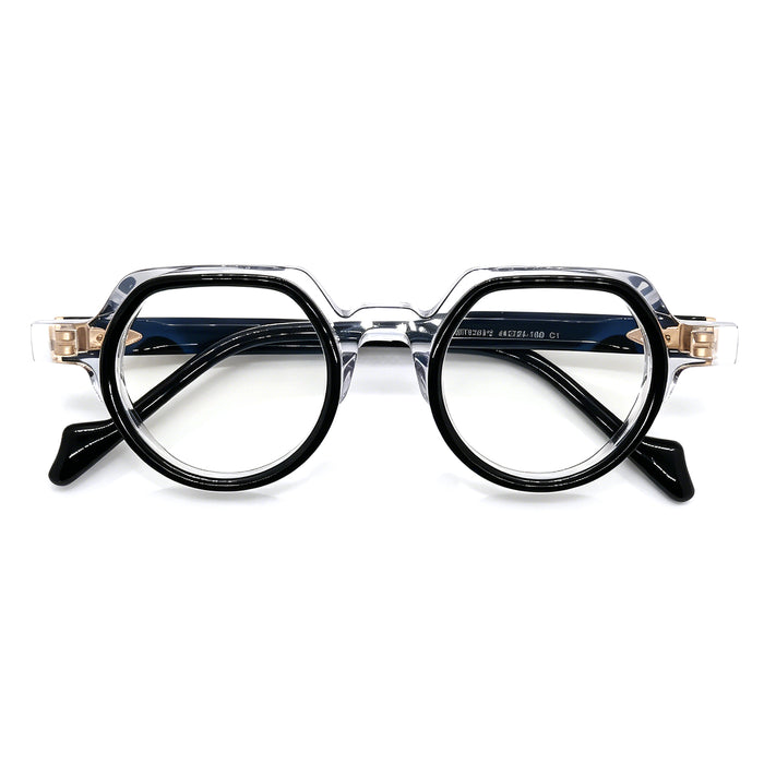 Retro Clear & Black Round Eyeglasses, Two-Tone Acetate Frame, Anti Blue Light