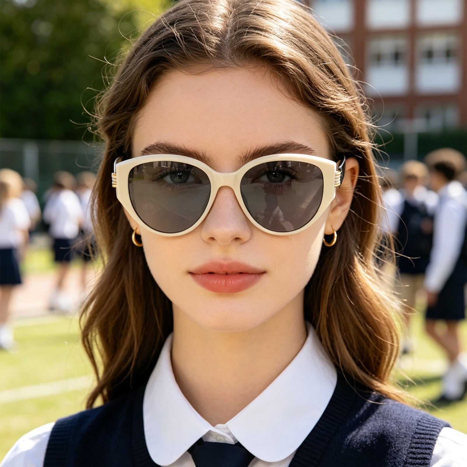Minimalist Cream Oval Sunglasses, Anti-Glare