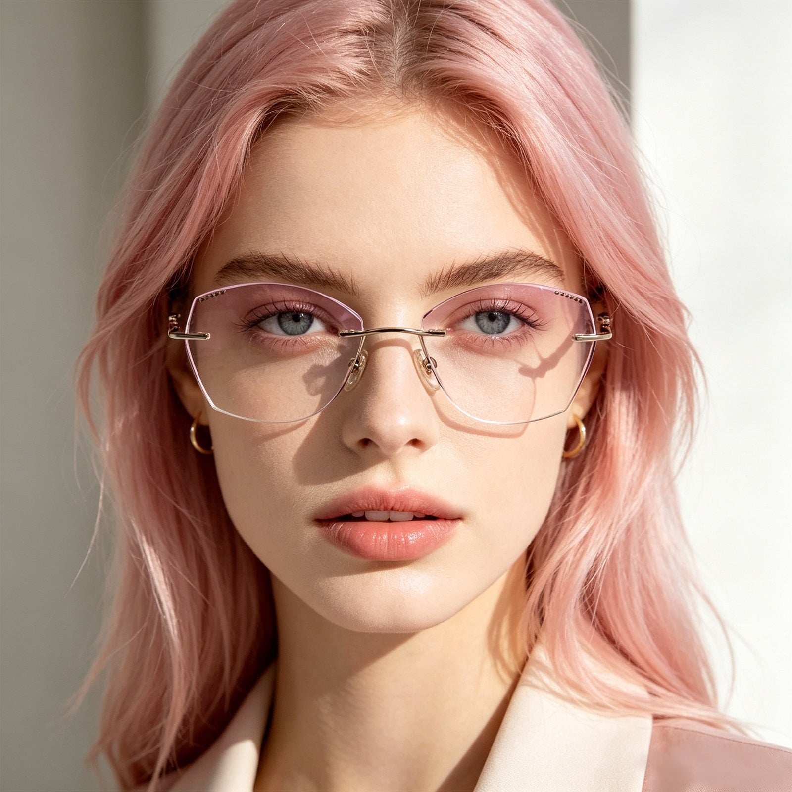 Elegant Diamond-Cut Rimless Optical Glasses with Pink Temples