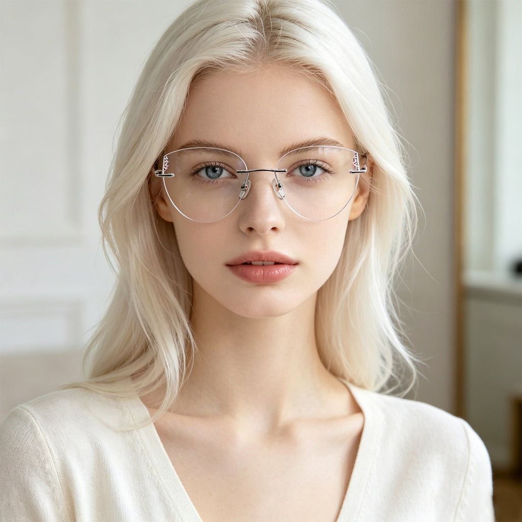 Women’s Luxury Half-Rim Optical Glasses with Unique Temple Ornament