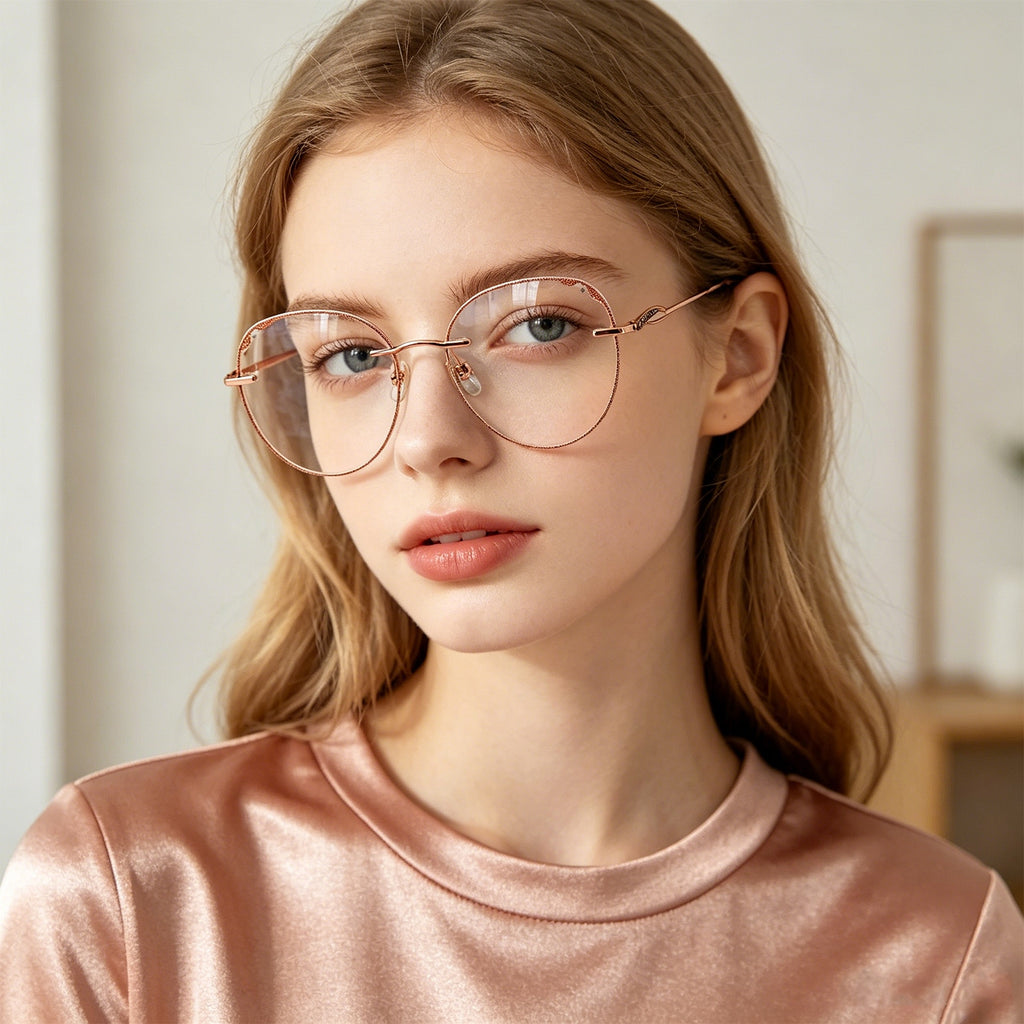 Rose Gold Oval Rimless Eyeglasses with Partial Rhinestone Inlay