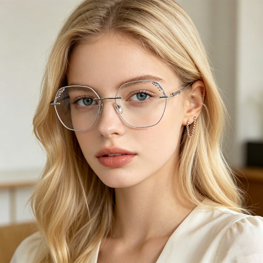 Silver Rimless Eyeglasses with Rhinestone Corner & Chain Detail